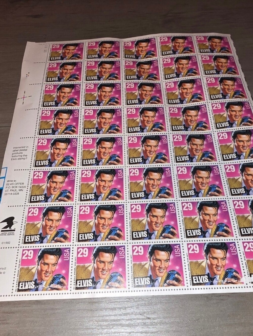 Vintage Elvis Presley Stamps USPS Rock & Roll 1992 Full Sheet of 40 - 29 Cent